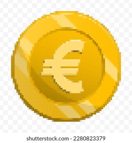 Vector illustration of 8 bit pixel Euro currency coin icon. colored vector on transparent background(PNG).