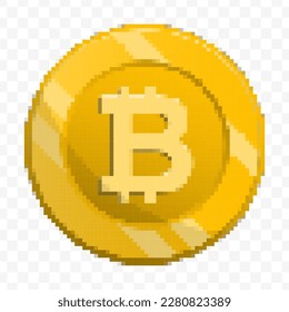 Vector illustration of 8 bit pixel Bitcoin currency coin icon. colored vector on transparent background(PNG).