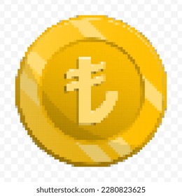 Vector illustration of 8 bit pixel Turkey Lira currency coin icon. colored vector on transparent background(PNG).