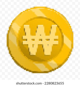 Vector illustration of 8 bit pixel South Korean won currency coin icon. colored vector on transparent background(PNG).