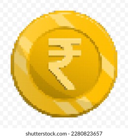 Vector illustration of 8 bit pixel Rupee , Indian rupees currency coin icon. colored vector on transparent background(PNG).