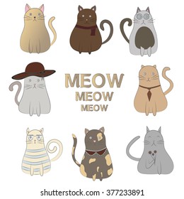 Vector illustration of 8 cute cartoon cats. Cartoon cats characters
