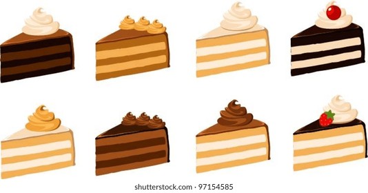 Vector illustration of 8 different kinds of cake slices. svg