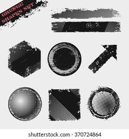 Vector illustration of 8 isolated grunge shapes. Vintage halftone shapes set consists of tapes, circles, polygon and arrow. It can be used as an element of poster, t-shirts print, place for your text.