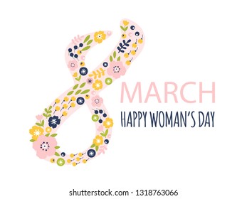 Vector illustration of 8 March card with flowers. International Women's day. Template for poster, cards, banner.  