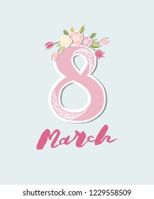 Vector illustration with 8 March and flower wreath. Template for Women's day card