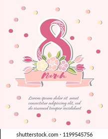 Vector illustration with 8 March and flowers. Template for Women's day card.