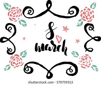 Vector illustration. 8 march hand drawn sketch with roses