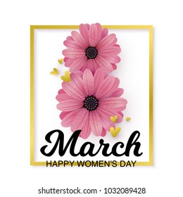 Vector illustration, 8 March international holiday card with realistic flower. Happy women's day text.