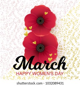 Vector illustration, 8 March international holiday card with realistic flower. Happy women's day text.
