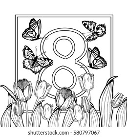 Vector illustration for 8 march with sketchy tulips and butterflies.