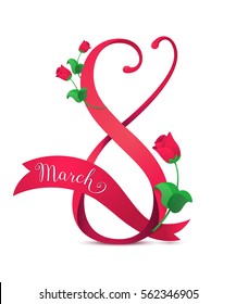 Vector illustration of 8 march womens day greeting in cartoon style with red ribbon, curved eight, pink roses and lettering text sign isolated on white background