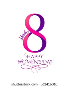 Vector illustration of 8 march womens day greeting in flat style with pink purple curved ribbon eight and typography lettering text sign isolated on white background