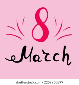 Ilustración vectorial. 8 Cartas de Marth con fondo rosado. Día de la mujer de la tarjeta de saludo con elementos decorativos dibujados a mano