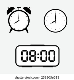 vector illustration of 8 o'clock, timer and 8 o'clock alarm