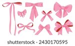 Vector Illustration of 8 pink girly vintage bow set. Bow for hair decor flat. Ribbons isolated. Trendy girls accessories. Cute hairstyle elements collection