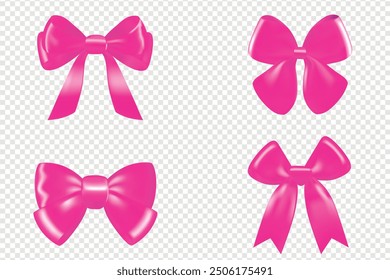 Ilustración vectorial de 8 rosa girly vintage conjunto de arco. Arco para la decoración del cabello plano. Cintas aisladas. Accesorios de moda para niñas. Colección linda de los Elementos del peinado, cinta rosada estética linda del núcleo de la coqueta