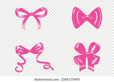 Ilustración vectorial de 8 rosa girly vintage conjunto de arco. Arco para la decoración del cabello plano. Cintas aisladas. Accesorios de moda para niñas. Colección linda de los Elementos del peinado, cinta rosada estética linda del núcleo de la coqueta