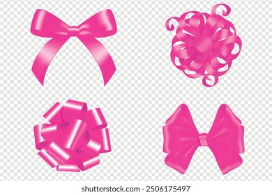 Vector Illustration of 8 pink girly vintage bow set. Bow for hair decor flat. Ribbons isolated. Trendy girls accessories. Cute hairstyle elements collection, Cute coquette core aesthetic pink ribbon