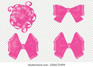 Vector Illustration of 8 pink girly vintage bow set. Bow for hair decor flat. Ribbons isolated. Trendy girls accessories. Cute hairstyle elements collection, Cute coquette core aesthetic pink ribbon