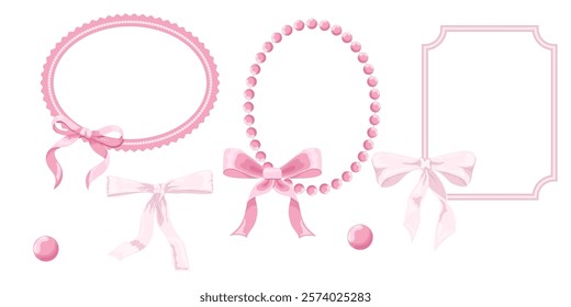 Vector Illustration of 8 pink girly vintage bow frame set. Bow for hair decor flat. Ribbons isolated. Trendy girls accessories. Cute hairstyle elements collection