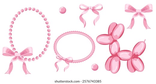 Vector Illustration of 8 pink girly vintage bow set. Bow for hair decor flat. Ribbons isolated. Trendy girls accessories. Cute hairstyle elements collection