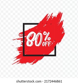 Vector illustration of 80 % Off discount tag with brush effect on red color and transparent background (PNG).