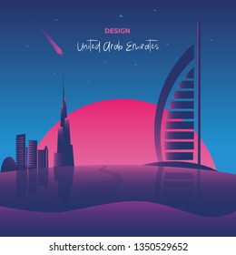 Vector illustration, 80s inspired disco music, 3d background, neon, United Arab Emirates at sunset, tourism. Vector illustration