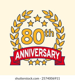 Vector illustration of 80th or 80 years anniversary logo featuring a laurel wreath, stars, and ribbon. Perfect for marking milestones, achievements, special events with an elegant and timeless design