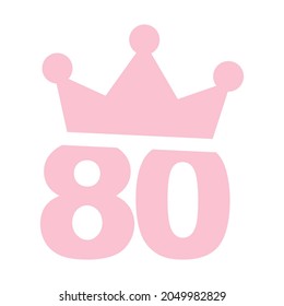 Vector illustration of 80th birthday party pink clip art icon - Number eighty with a crown
