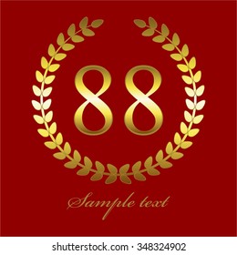 Vector illustration of 88 anniversary. Gold laurel wreath on a red background.