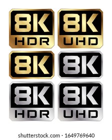 Vector illustration of 8K resolution logos in gold and silver