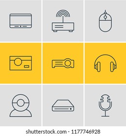 Vector illustration of 9 accessory icons line style. Editable set of hard drive, projector, photo camera and other icon elements.