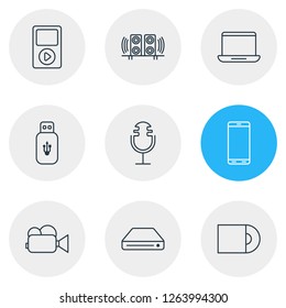 Vector illustration of 9 accessory icons line style. Editable set of speakers, cd-rom, video camera and other icon elements.