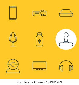 Vector Illustration Of 9 Accessory Icons. Editable Pack Of Headset, Floodlight, Smartphone And Other Elements.