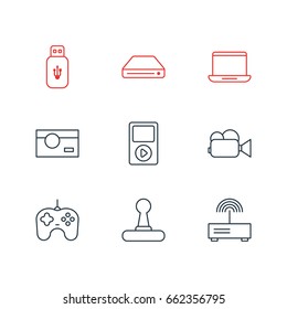 Vector Illustration Of 9 Accessory Icons. Editable Pack Of Computer, Joypad, Usb Card And Other Elements.