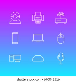 Vector Illustration Of 9 Accessory Icons. Editable Pack Of Smartphone, PC, Modem And Other Elements.