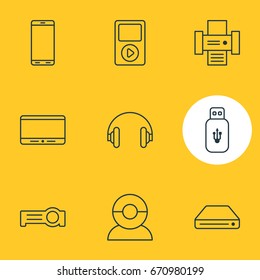 Vector Illustration Of 9 Accessory Icons. Editable Pack Of Floodlight, Usb Card, Video Chat And Other Elements.
