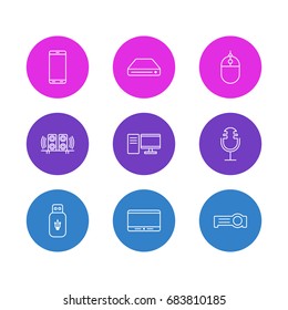 Vector Illustration Of 9 Accessory Icons. Editable Pack Of Sound Recording, Monitor, Loudspeaker And Other Elements.
