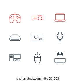 Vector Illustration Of 9 Accessory Icons. Editable Pack Of Photography, Joypad, Modem And Other Elements.