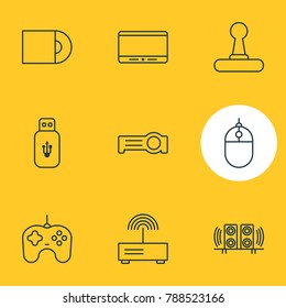 Vector illustration of 9 accessory icons line style. Editable set of cd-rom, flash drive, mouse and other elements.