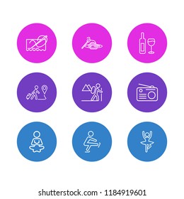Vector illustration of 9 activities icons line style. Editable set of yoga, pasta, skating and other icon elements.
