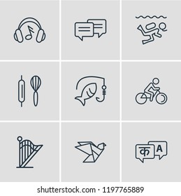 Vector illustration of 9 activities icons line style. Editable set of headphone, biking, diving and other icon elements.