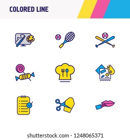 Vector illustration of 9 activities icons colored line. Editable set of tennis, tailoring, candy icon elements.