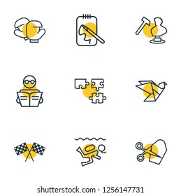 Vector illustration of 9 activities icons line style. Editable set of tailoring, puzzle, racing flags and other icon elements.
