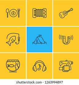 Vector illustration of 9 activities icons line style. Editable set of guitar, healthy food, physics and other icon elements.