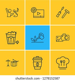 Vector illustration of 9 activities icons line style. Editable set of cooking, video maker, carpentry and other icon elements.