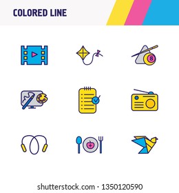 Vector illustration of 9 activities icons colored line. Editable set of origami, jumping rope, kite and other icon elements.