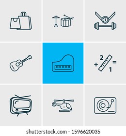 Vector illustration of 9 activities icons line style. Editable set of djing, drums, copter and other icon elements.