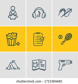 Ilustración vectorial de 9 actividades iconos estilo línea. Conjunto editable de armas, balizas, auriculares y otros elementos de icono.